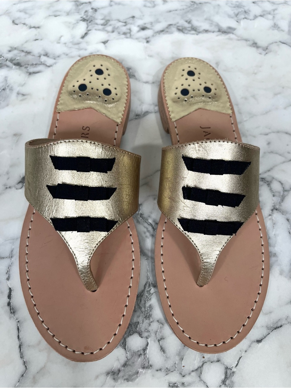 Jack Rogers Macie metallic gold leather sandals thongs black ribbon bows 7.5